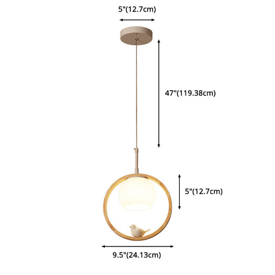 Contemporary Round Natural Wood Pendant Light - Bedroom Hanging Lamp With Bird Accent
