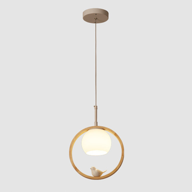 Contemporary Round Natural Wood Pendant Light - Bedroom Hanging Lamp With Bird Accent