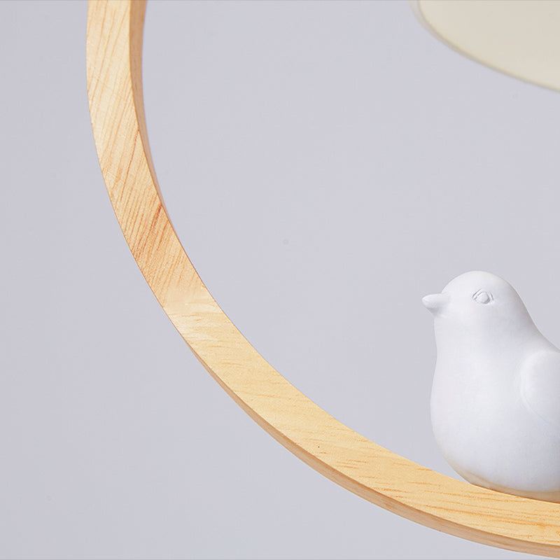 Contemporary Round Natural Wood Pendant Light - Bedroom Hanging Lamp With Bird Accent