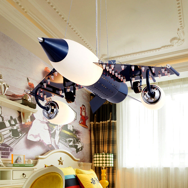 Cartoon Warplane Pendant Light: Modern Blue 3-Light Hanging Lamp For Childrens Bedroom