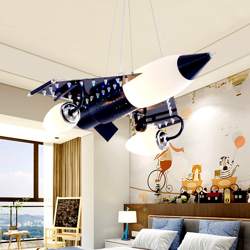 Cartoon Warplane Pendant Light: Modern Blue 3-Light Hanging Lamp For Childrens Bedroom