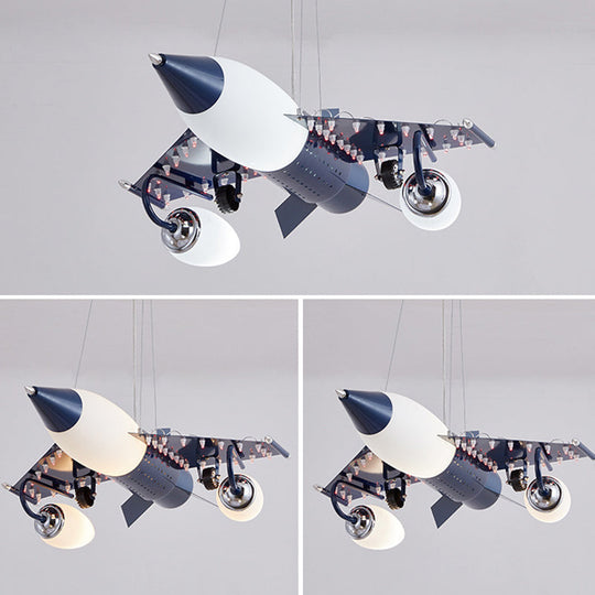 Cartoon Warplane Pendant Light: Modern Blue 3-Light Hanging Lamp For Childrens Bedroom