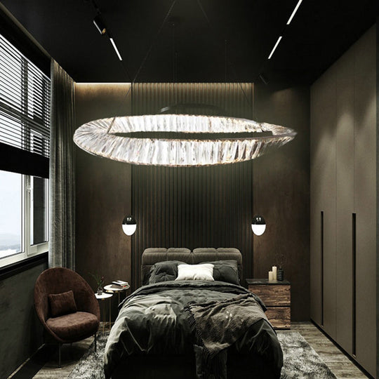 Modern Minimalist Led Pendant Lamp With Prismatic Crystal - Circular Carousel Design For Living Room