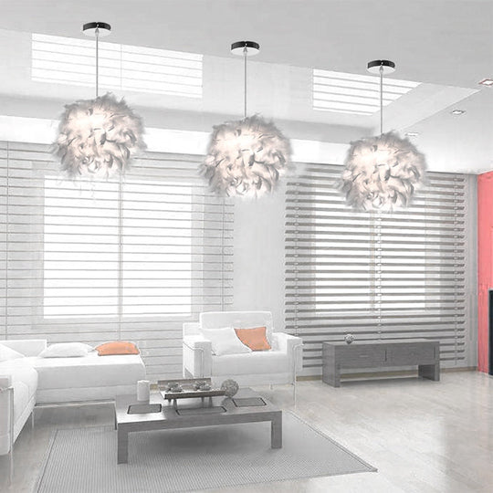 Modern White Feather Sphere Ceiling Chandelier - Creative Art Deco Hanging Light For Living Room