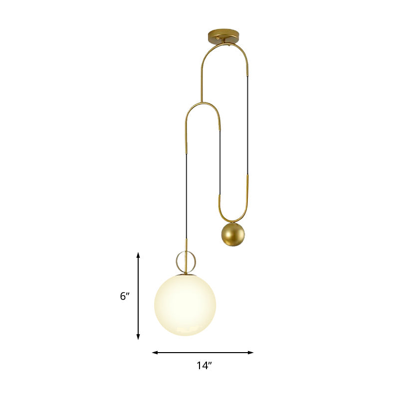 Modern White Glass Sphere Pendant Light With Gold Accents - Bedroom Hanging Fixture