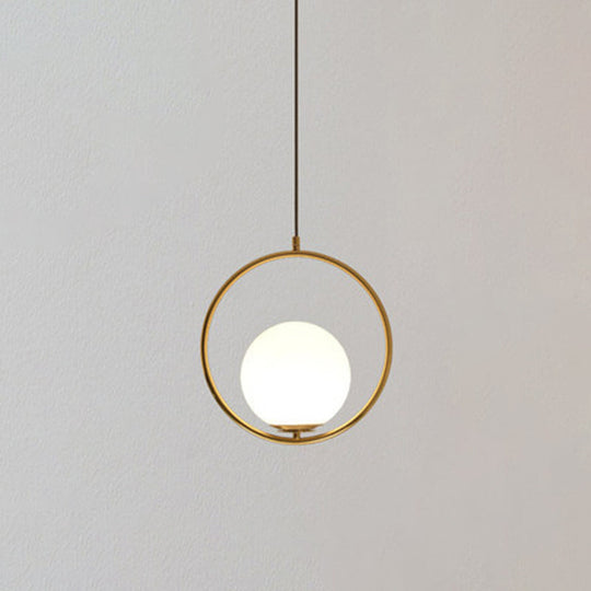 Mid-Century Modern White Glass Hanging Pendant Light For Bedroom - 1-Light Fixture Gold / Circle