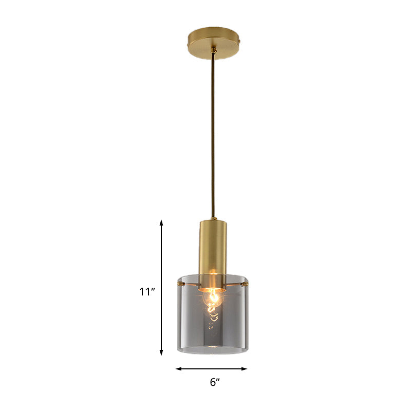 Modern Clear Glass Cylinder Pendant Light - 1 Head Brass Hanging Ceiling Light for Dining Room