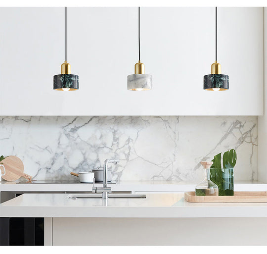 Marble Hanging Light With Gold Lamp Socket - Modern Mini Pendant For Bedroom