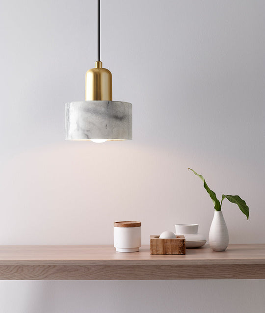 Marble Hanging Light With Gold Lamp Socket - Modern Mini Pendant For Bedroom