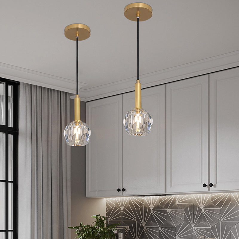 Gold Dining Room Pendant Lamp: Clear Crystal Faceted Ball With 1-Light Kit