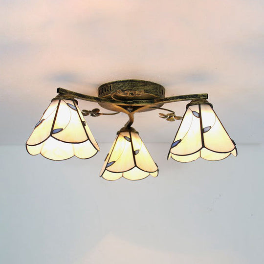 Vintage Stained Glass Ceiling Light - Conic Flushmount with Art Pattern, 3 Lights
