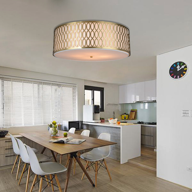 Traditional White Round Ceiling Mounted Lamp with Gold Metal Mesh Frame - 4-Light Fabric Flush Light, Sizes 16", 19.5", 23.5" Dia