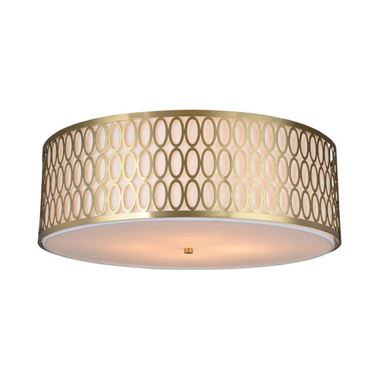 Traditional White Round Ceiling Mounted Lamp with Gold Metal Mesh Frame - 4-Light Fabric Flush Light, Sizes 16", 19.5", 23.5" Dia