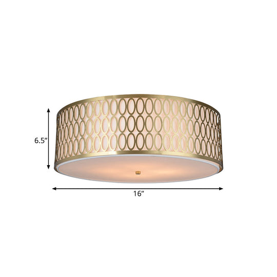 Traditional White Round Ceiling Mounted Lamp With Gold Metal Mesh Frame - 4-Light Fabric Flush Light
