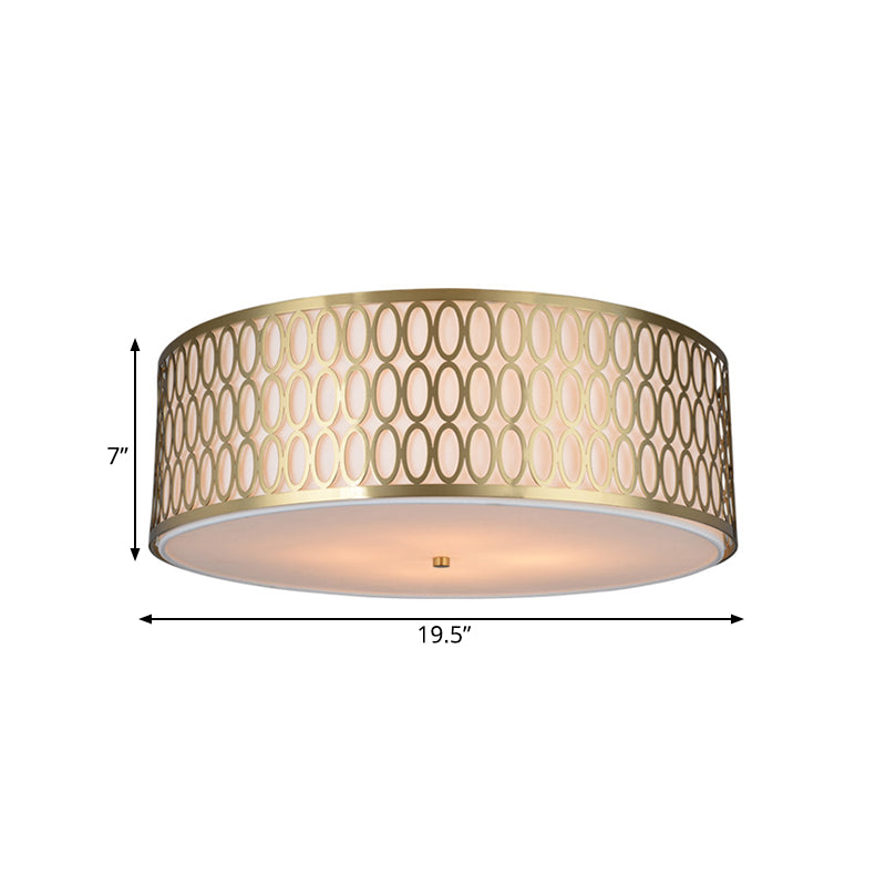 Traditional White Round Ceiling Mounted Lamp with Gold Metal Mesh Frame - 4-Light Fabric Flush Light, Sizes 16", 19.5", 23.5" Dia