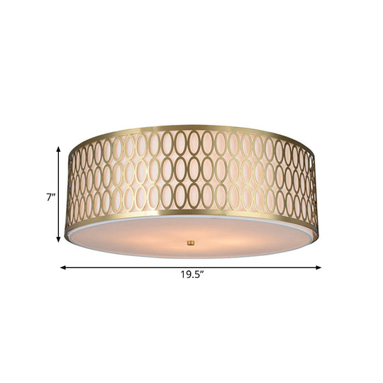 Traditional White Round Ceiling Mounted Lamp with Gold Metal Mesh Frame - 4-Light Fabric Flush Light, Sizes 16", 19.5", 23.5" Dia