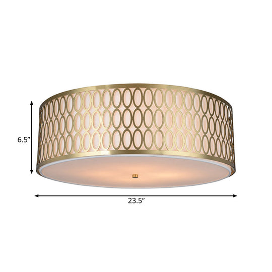 Traditional White Round Ceiling Mounted Lamp with Gold Metal Mesh Frame - 4-Light Fabric Flush Light, Sizes 16", 19.5", 23.5" Dia
