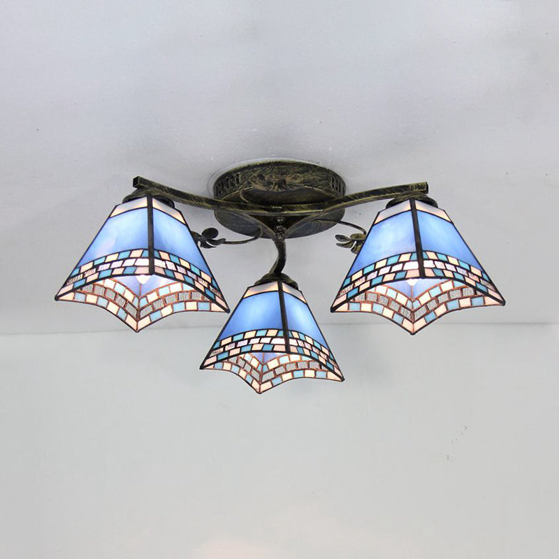 Vintage Stained Glass Ceiling Light - Conic Flushmount with Art Pattern, 3 Lights