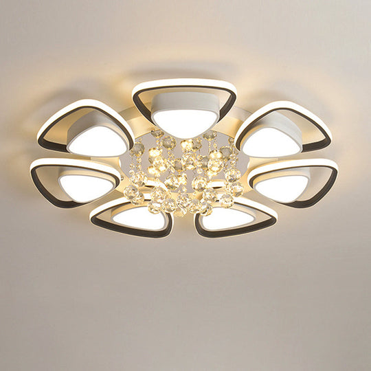 Contemporary LED Ceiling Flush Mount with Metal Petals, Crystal Draping, Black & White Design, Warm/White Light