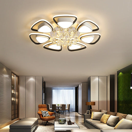 Contemporary LED Ceiling Flush Mount with Metal Petals, Crystal Draping, Black & White Design, Warm/White Light