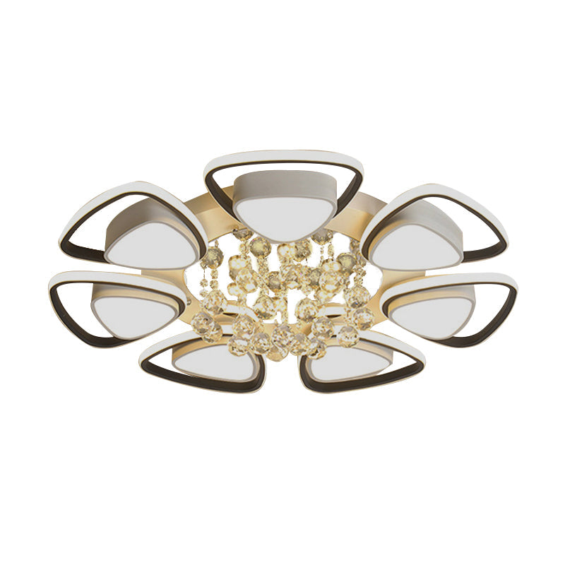 Contemporary LED Ceiling Flush Mount with Metal Petals, Crystal Draping, Black & White Design, Warm/White Light