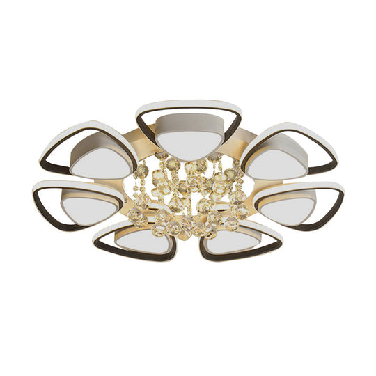 Contemporary LED Ceiling Flush Mount with Metal Petals, Crystal Draping, Black & White Design, Warm/White Light