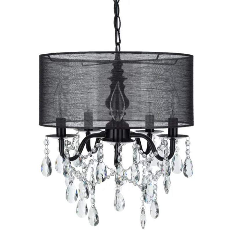 Classic 5-Light Black Round Fabric Pendant Chandelier with Crystal Accent