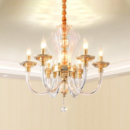Modern Golden Curved Chandelier - 6 Heads Clear Glass Pendant Light with Crystal Drops