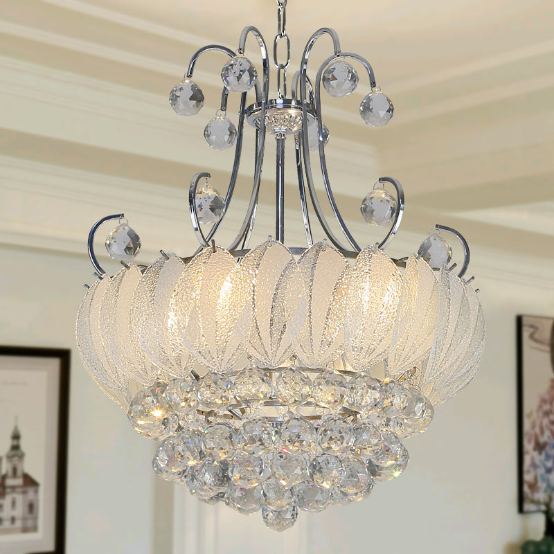 Modern Geometric Ceiling Chandelier with Chrome Finish - 4 Bulbs Pendant Lighting, Glass & Crystal Decoration