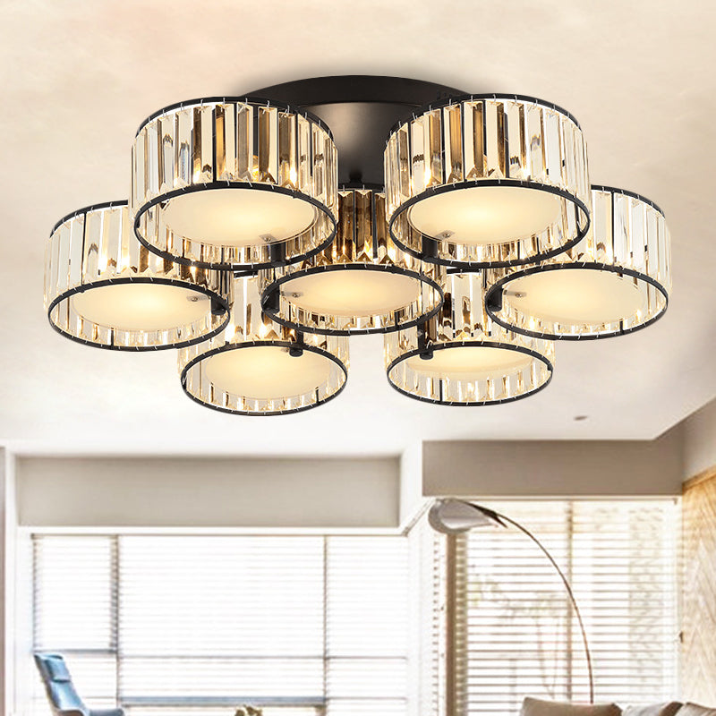 Modern Black Flush Mount Ceiling Light Fixture with Drum Crystal Shade - 3/5/6 Lights for Living Room