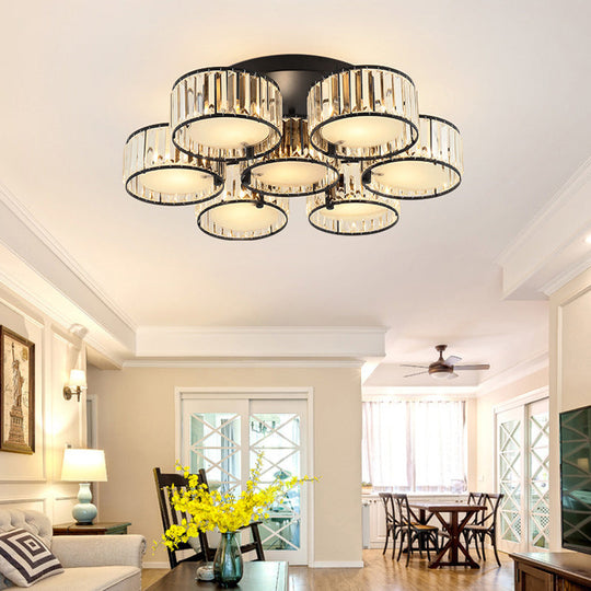 Modern Black Flush Mount Ceiling Light Fixture with Drum Crystal Shade - 3/5/6 Lights for Living Room