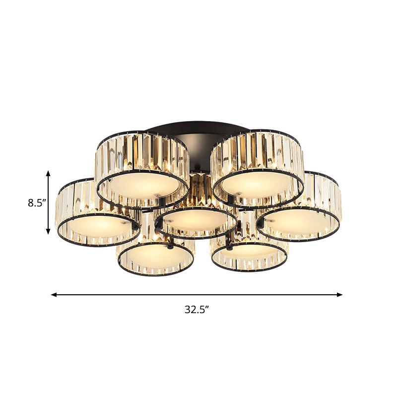 Modern Black Flush Mount Ceiling Light Fixture with Drum Crystal Shade - 3/5/6 Lights for Living Room