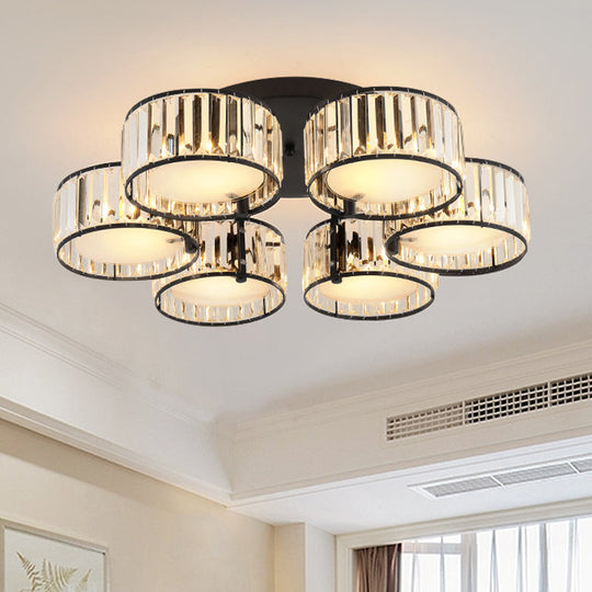 Modern Black Flush Mount Ceiling Light Fixture with Drum Crystal Shade - 3/5/6 Lights for Living Room