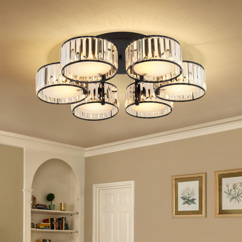 Modern Black Flush Mount Ceiling Light Fixture with Drum Crystal Shade - 3/5/6 Lights for Living Room