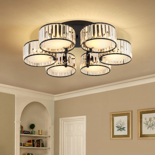 Modern Black Flush Mount Ceiling Light Fixture with Drum Crystal Shade - 3/5/6 Lights for Living Room