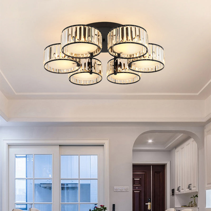 Modern Black Flush Mount Ceiling Light Fixture with Drum Crystal Shade - 3/5/6 Lights for Living Room