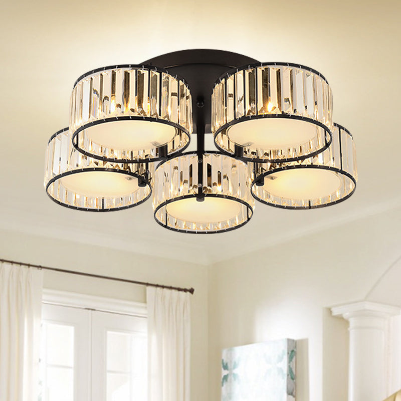 Modern Black Flush Mount Ceiling Light Fixture with Drum Crystal Shade - 3/5/6 Lights for Living Room