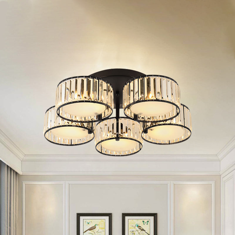Modern Black Flush Mount Ceiling Light Fixture with Drum Crystal Shade - 3/5/6 Lights for Living Room