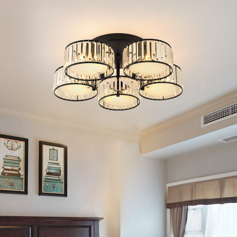 Modern Black Flush Mount Ceiling Light Fixture with Drum Crystal Shade - 3/5/6 Lights for Living Room