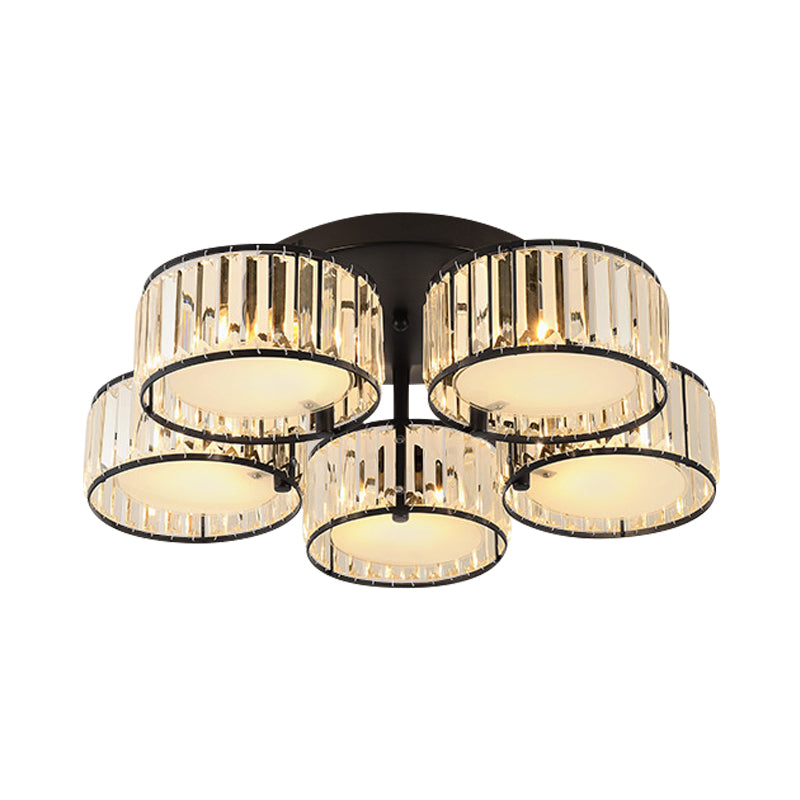 Modern Black Flush Mount Ceiling Light Fixture with Drum Crystal Shade - 3/5/6 Lights for Living Room