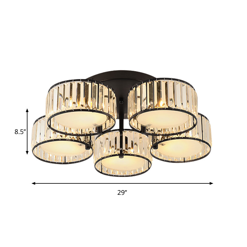 Modern Black Flush Mount Ceiling Light Fixture with Drum Crystal Shade - 3/5/6 Lights for Living Room