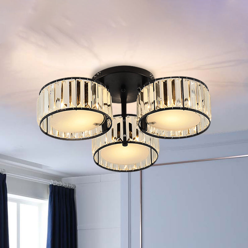 Modern Black Flush Mount Ceiling Light Fixture with Drum Crystal Shade - 3/5/6 Lights for Living Room