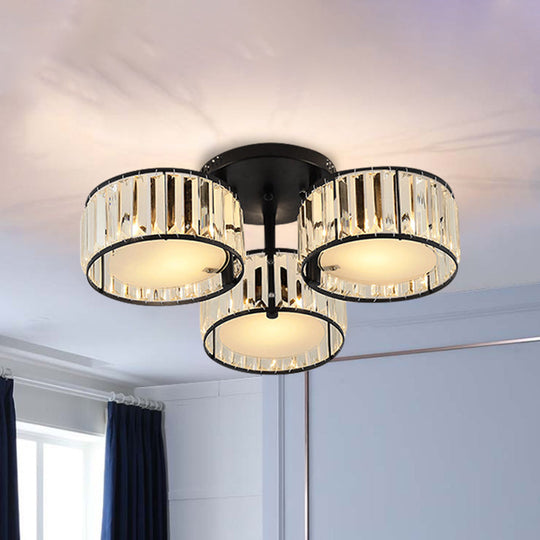 Modern Black Flush Mount Ceiling Light Fixture with Drum Crystal Shade - 3/5/6 Lights for Living Room