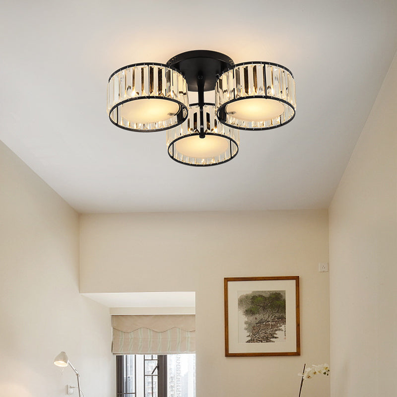 Modern Black Flush Mount Ceiling Light Fixture with Drum Crystal Shade - 3/5/6 Lights for Living Room