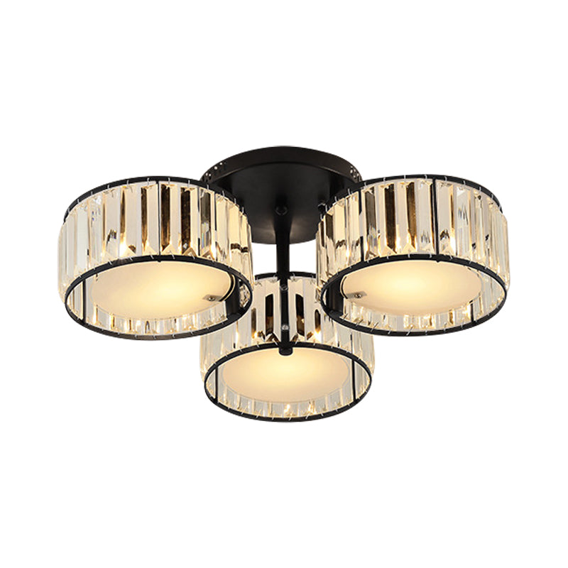 Modern Black Flush Mount Ceiling Light Fixture with Drum Crystal Shade - 3/5/6 Lights for Living Room