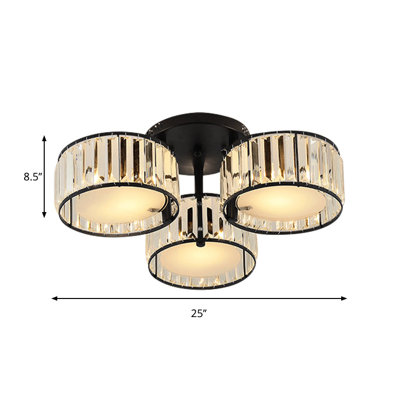 Modern Black Flush Mount Ceiling Light Fixture with Drum Crystal Shade - 3/5/6 Lights for Living Room