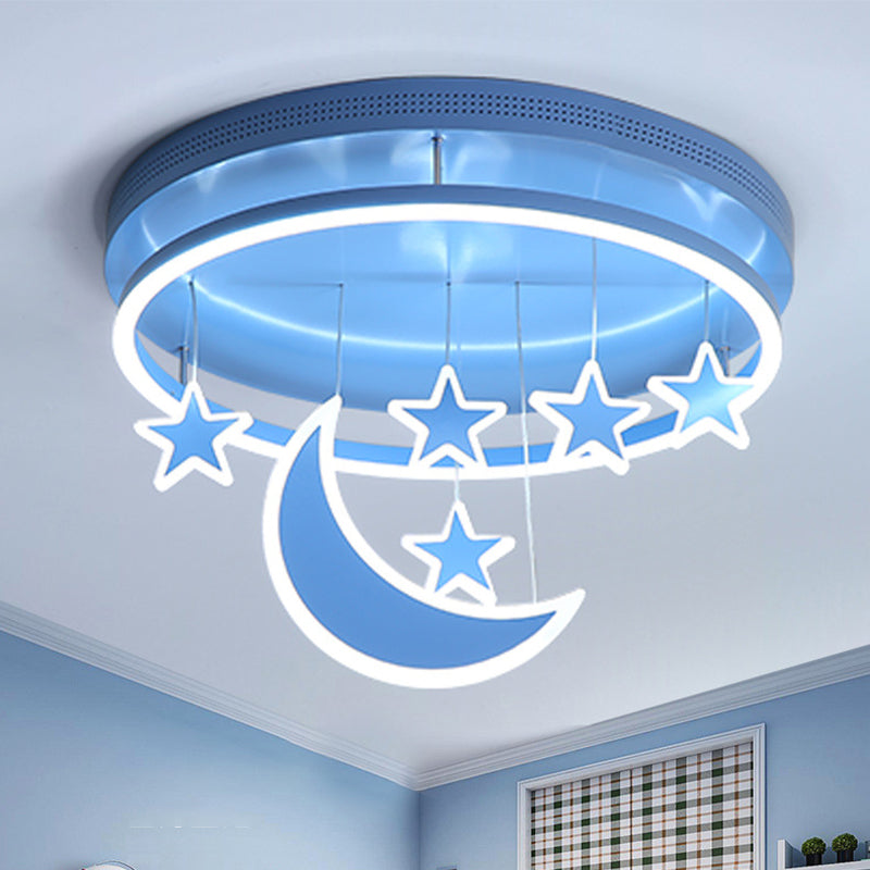 Modern Acrylic Round Flush Mount Lamp - LED Ceiling Light Fixture with Star Deco, Warm/White Light - 16.5"/20.5" Dia - Blue/Pink/White Options