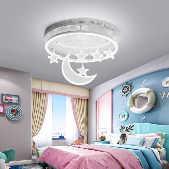 Modern Acrylic Round Flush Mount Lamp - LED Ceiling Light Fixture with Star Deco, Warm/White Light - 16.5"/20.5" Dia - Blue/Pink/White Options