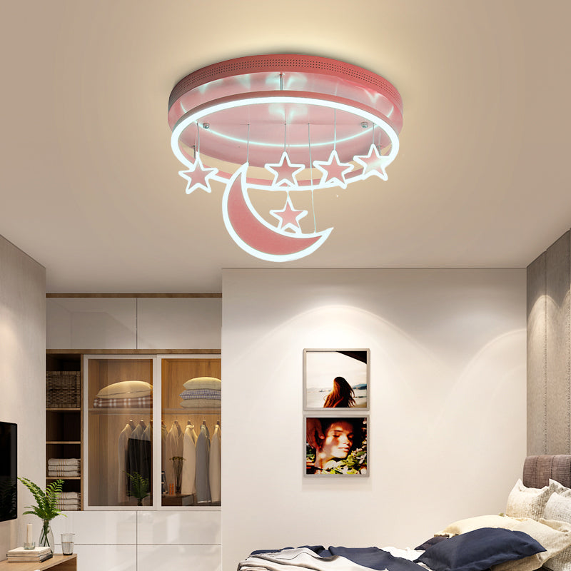 Modern Acrylic Round Flush Mount Lamp - LED Ceiling Light Fixture with Star Deco, Warm/White Light - 16.5"/20.5" Dia - Blue/Pink/White Options
