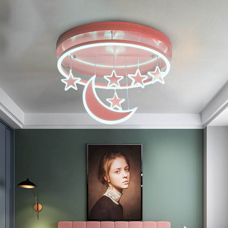 Modern Acrylic Round Flush Mount Lamp - LED Ceiling Light Fixture with Star Deco, Warm/White Light - 16.5"/20.5" Dia - Blue/Pink/White Options